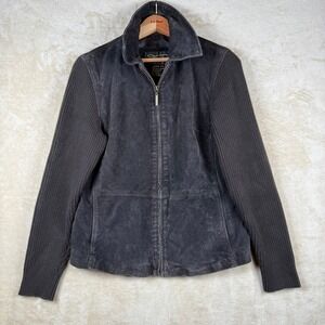Fabio Womens Leather Jacket‎ Size M Sweater Knit Sleeve Zip Up Brown Y2K
